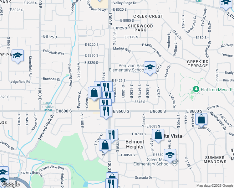 map of restaurants, bars, coffee shops, grocery stores, and more near 8455 South 1330 East in Sandy