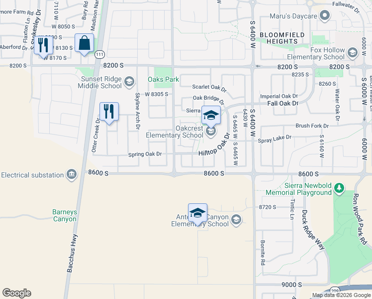 map of restaurants, bars, coffee shops, grocery stores, and more near 6616 Yellow Poppy Drive in West Jordan