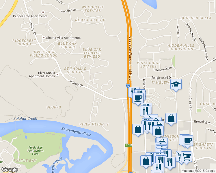 map of restaurants, bars, coffee shops, grocery stores, and more near 751 Hilltop Drive in Redding