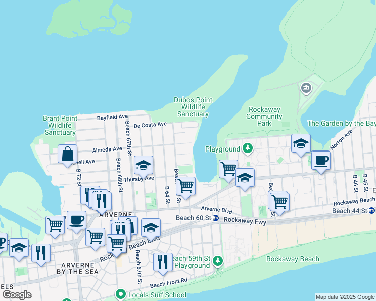 map of restaurants, bars, coffee shops, grocery stores, and more near 62-0 Almeda Avenue in Queens