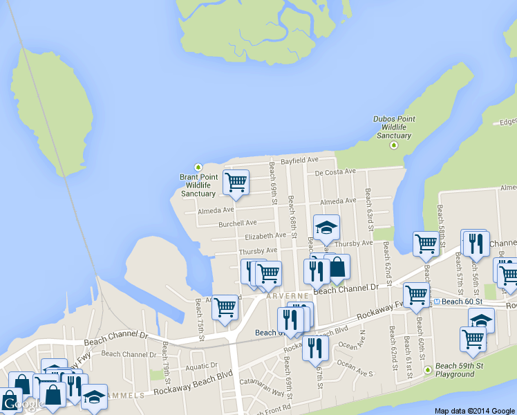 map of restaurants, bars, coffee shops, grocery stores, and more near 69-46 Hillmeyer Avenue in Queens