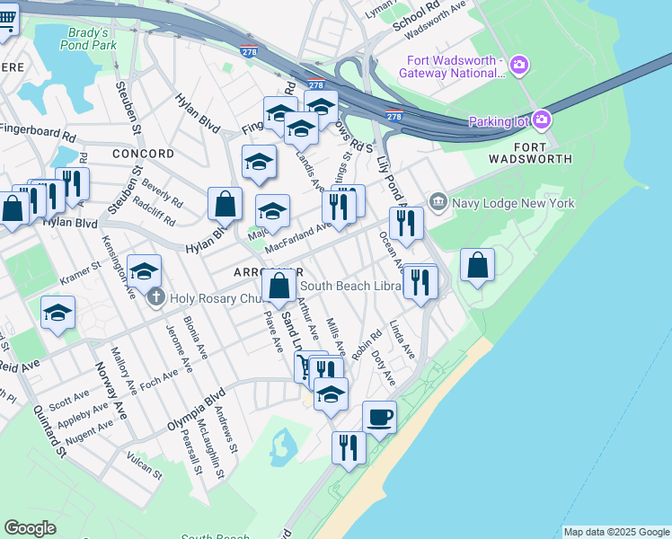 map of restaurants, bars, coffee shops, grocery stores, and more near 9 Jackson Avenue in Staten Island