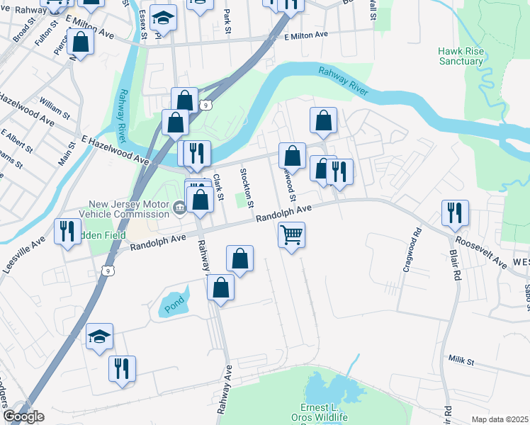 map of restaurants, bars, coffee shops, grocery stores, and more near 1374 Witherspoon Street in Rahway