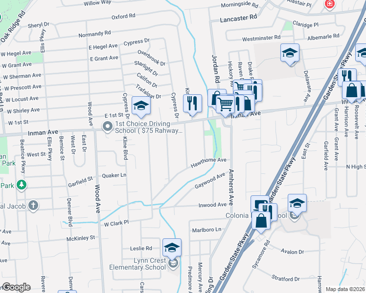 map of restaurants, bars, coffee shops, grocery stores, and more near 94 Dewey Avenue in Woodbridge Township