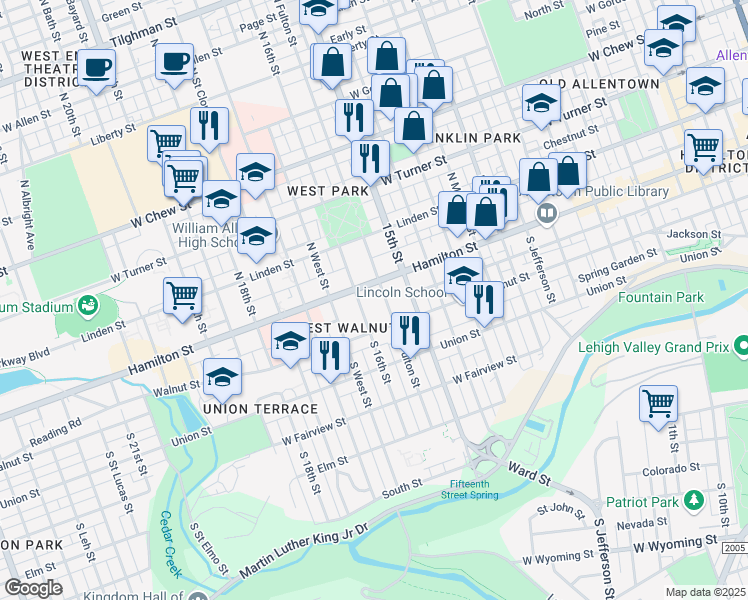 map of restaurants, bars, coffee shops, grocery stores, and more near 1511-1525 Hamilton Street in Allentown