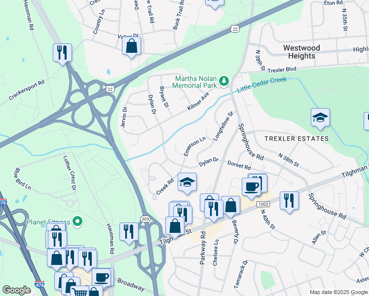 map of restaurants, bars, coffee shops, grocery stores, and more near 958 Little Cedar Court in Allentown