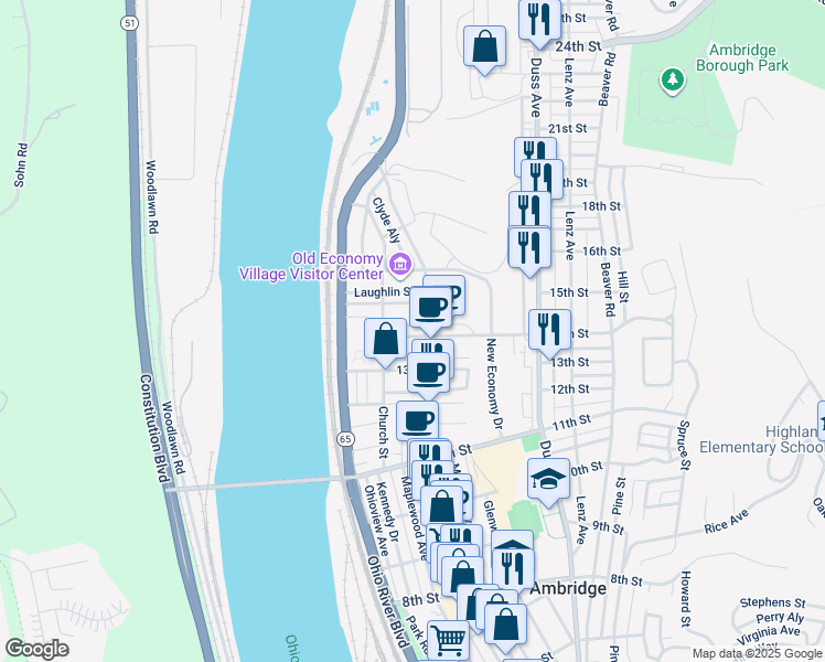 map of restaurants, bars, coffee shops, grocery stores, and more near 1426 Merchant Street in Ambridge