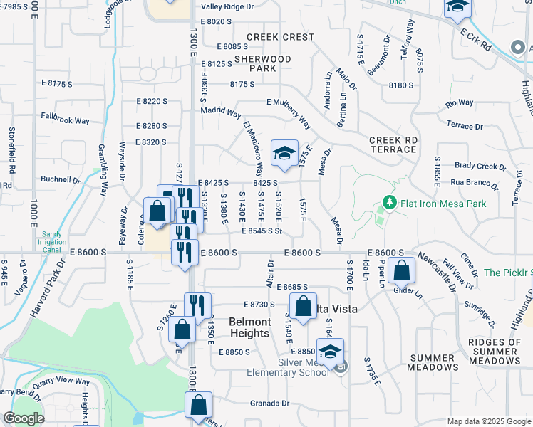 map of restaurants, bars, coffee shops, grocery stores, and more near 8501 South 1475 East in Sandy