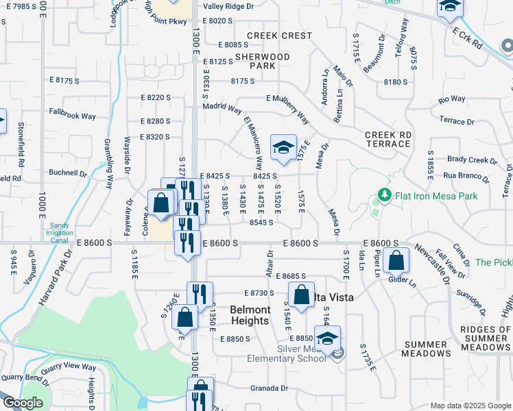 map of restaurants, bars, coffee shops, grocery stores, and more near 8500 South 1475 East in Sandy