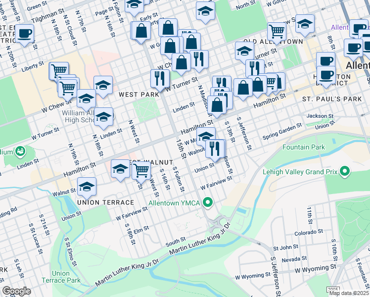 map of restaurants, bars, coffee shops, grocery stores, and more near 33 South 15th Street in Allentown