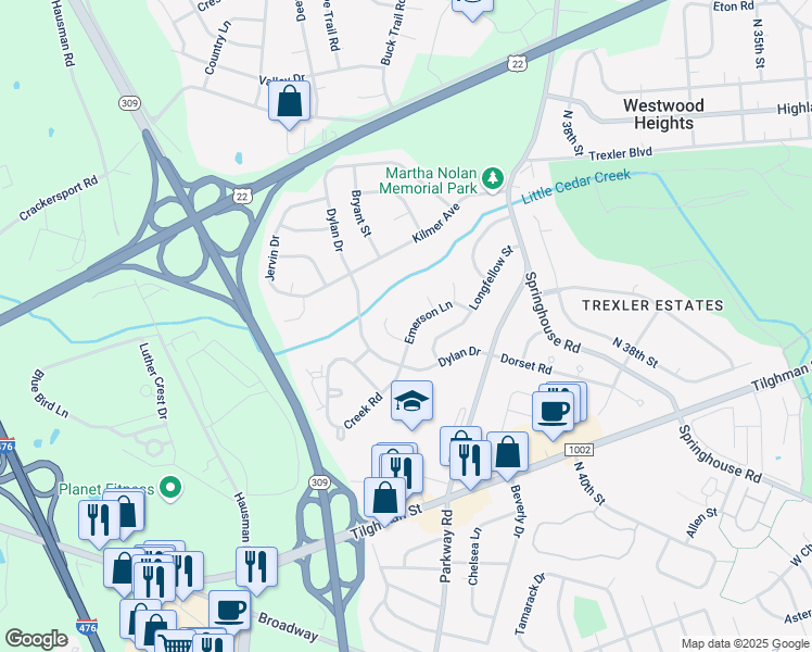 map of restaurants, bars, coffee shops, grocery stores, and more near 958 Little Cedar Court in Allentown