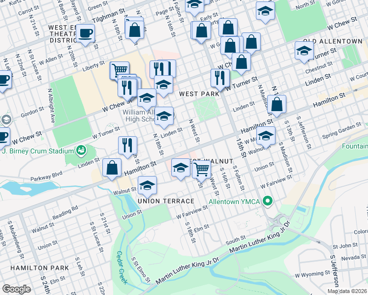 map of restaurants, bars, coffee shops, grocery stores, and more near 24 North West Street in Allentown