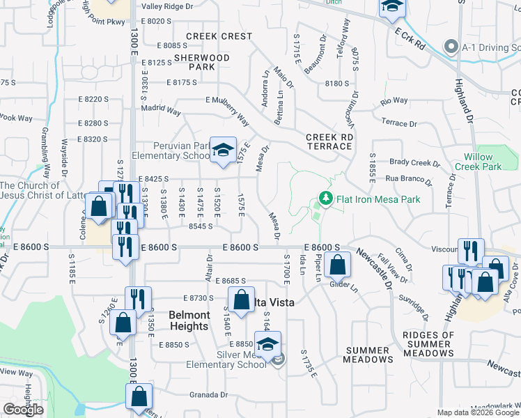 map of restaurants, bars, coffee shops, grocery stores, and more near 8492 South Mesa Drive in Sandy