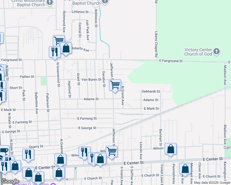 map of restaurants, bars, coffee shops, grocery stores, and more near 505 Jefferson Street in Marion