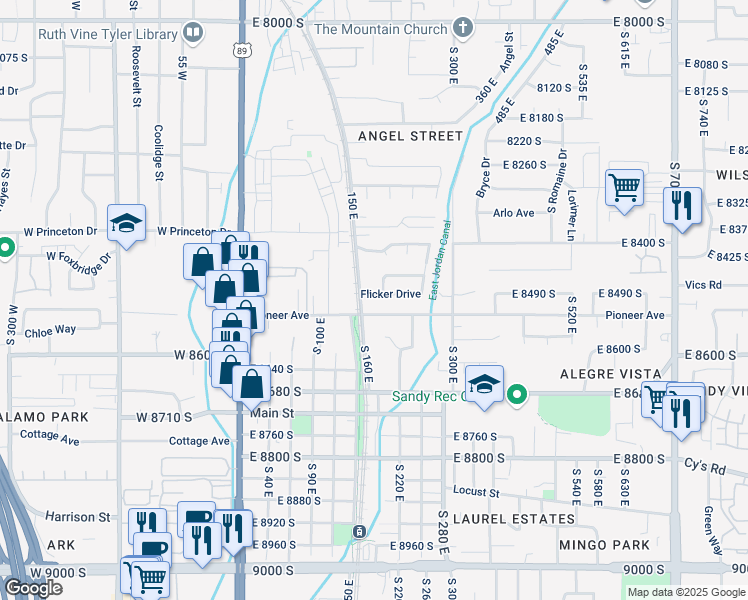 map of restaurants, bars, coffee shops, grocery stores, and more near 178 Flicker Drive in Sandy
