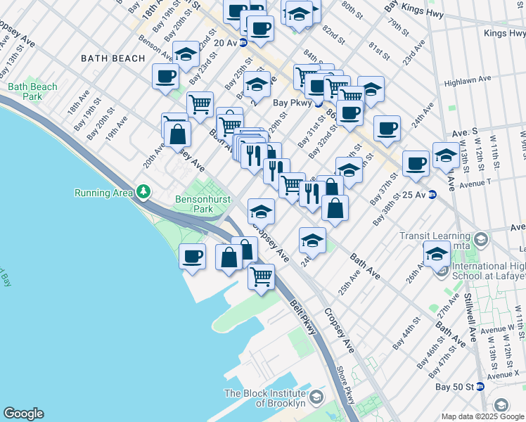 map of restaurants, bars, coffee shops, grocery stores, and more near 180 Bay 32nd Street in Brooklyn