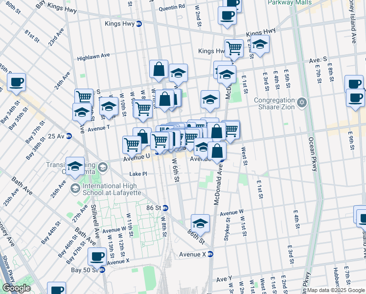 map of restaurants, bars, coffee shops, grocery stores, and more near 2062 West 5th Street in Brooklyn