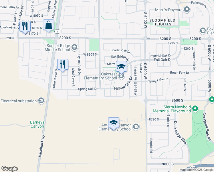 map of restaurants, bars, coffee shops, grocery stores, and more near 6647 Merlot Way in West Jordan