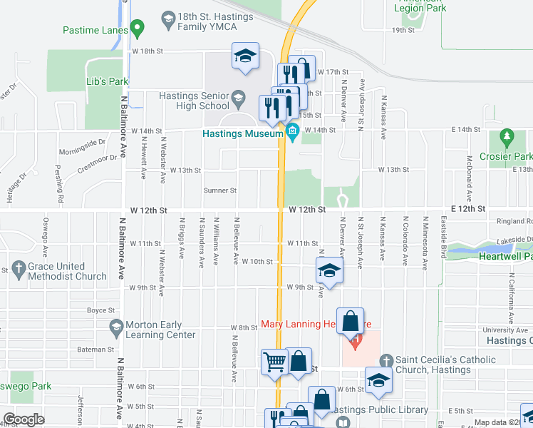 map of restaurants, bars, coffee shops, grocery stores, and more near 915 West 12th Street in Hastings