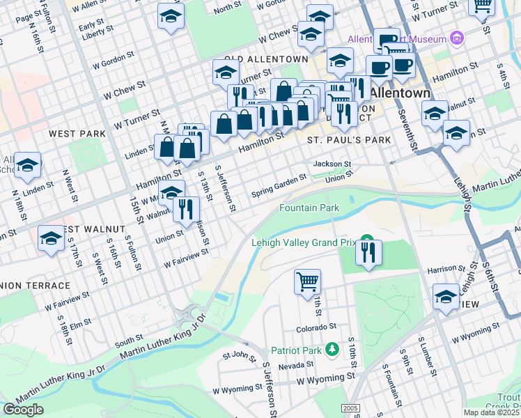 map of restaurants, bars, coffee shops, grocery stores, and more near 1142 West Union Street in Allentown