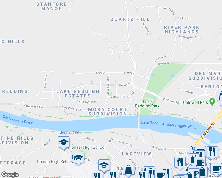 map of restaurants, bars, coffee shops, grocery stores, and more near 2439 Lake Redding Drive in Redding