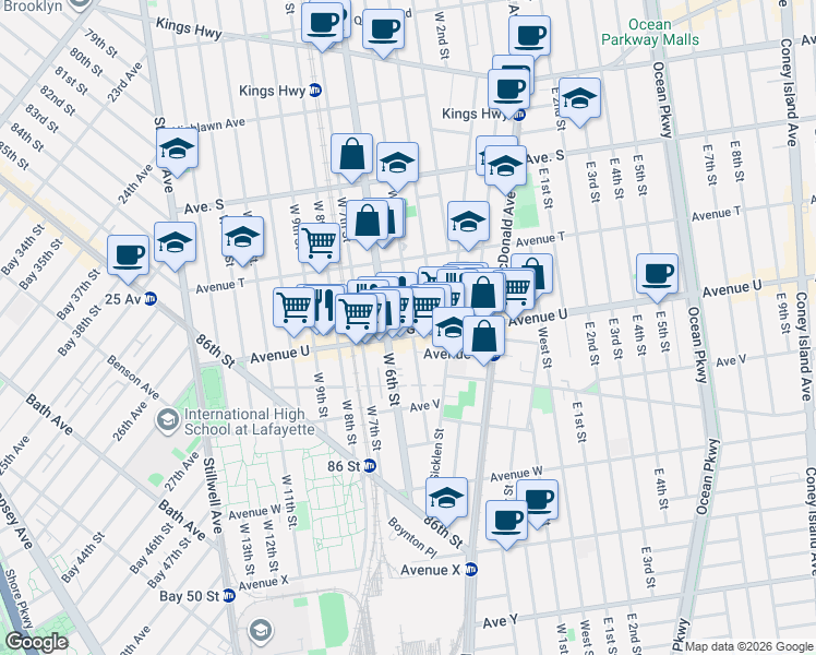 map of restaurants, bars, coffee shops, grocery stores, and more near 2062 West 5th Street in Brooklyn