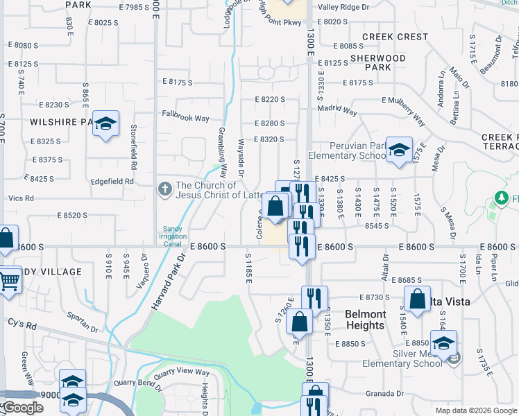 map of restaurants, bars, coffee shops, grocery stores, and more near 8457 South Fayeway Drive in Sandy