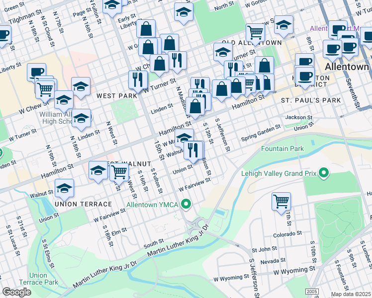 map of restaurants, bars, coffee shops, grocery stores, and more near 1402 Walnut Street in Allentown