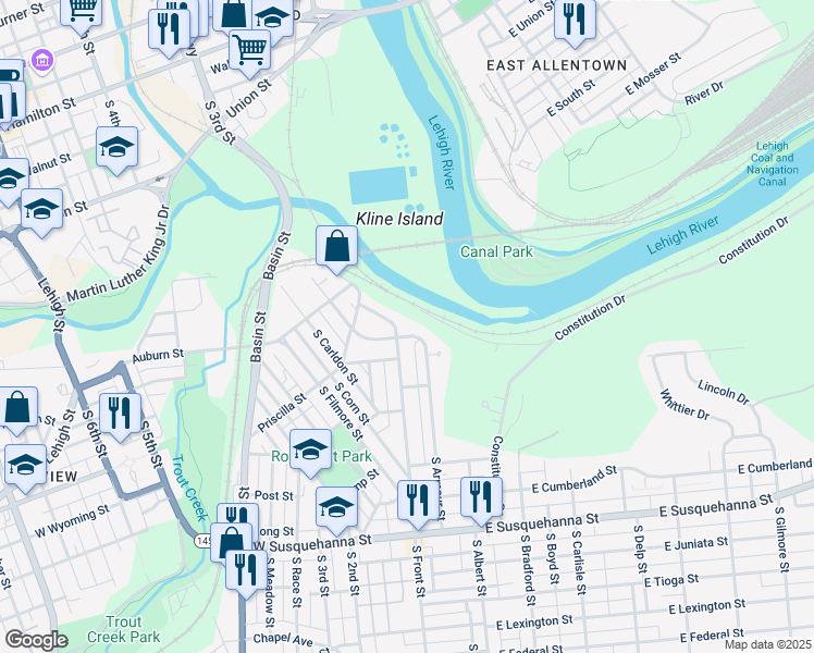 map of restaurants, bars, coffee shops, grocery stores, and more near 9 East Pittston Street in Allentown