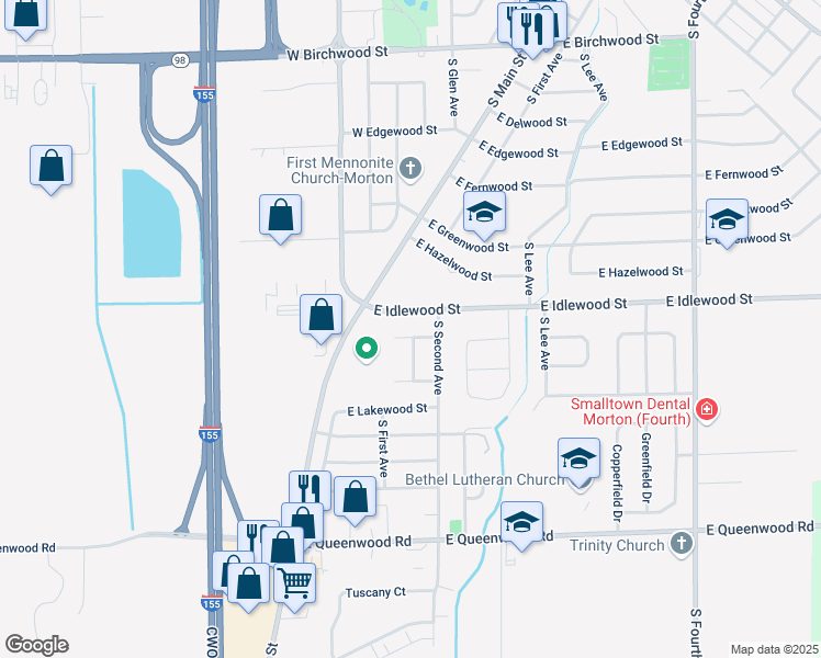map of restaurants, bars, coffee shops, grocery stores, and more near 143 East Idlewood Street in Morton