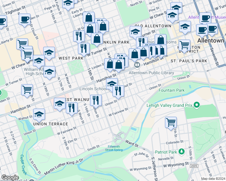 map of restaurants, bars, coffee shops, grocery stores, and more near 1402 Walnut Street in Allentown