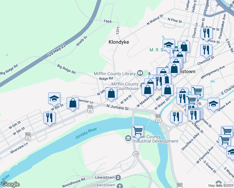 map of restaurants, bars, coffee shops, grocery stores, and more near 126 West 4th Street in Lewistown