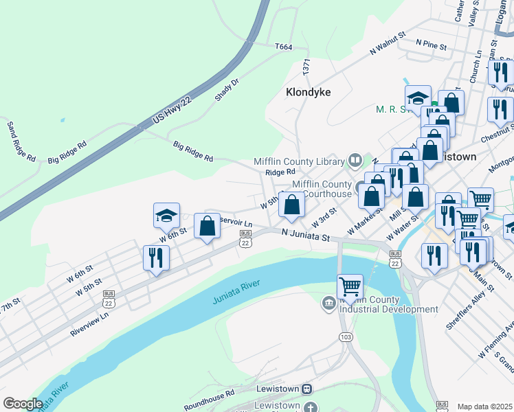 map of restaurants, bars, coffee shops, grocery stores, and more near 317 West 5th Street in Lewistown
