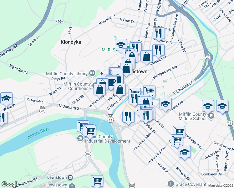 map of restaurants, bars, coffee shops, grocery stores, and more near in Lewistown