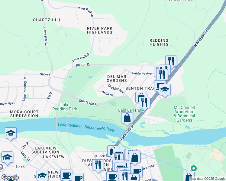 map of restaurants, bars, coffee shops, grocery stores, and more near 1826-1830 Del Mar Avenue in Redding