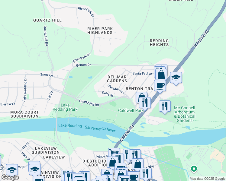 map of restaurants, bars, coffee shops, grocery stores, and more near 1826-1830 Del Mar Avenue in Redding