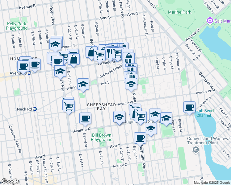 map of restaurants, bars, coffee shops, grocery stores, and more near 2217 East 27th Street in Brooklyn