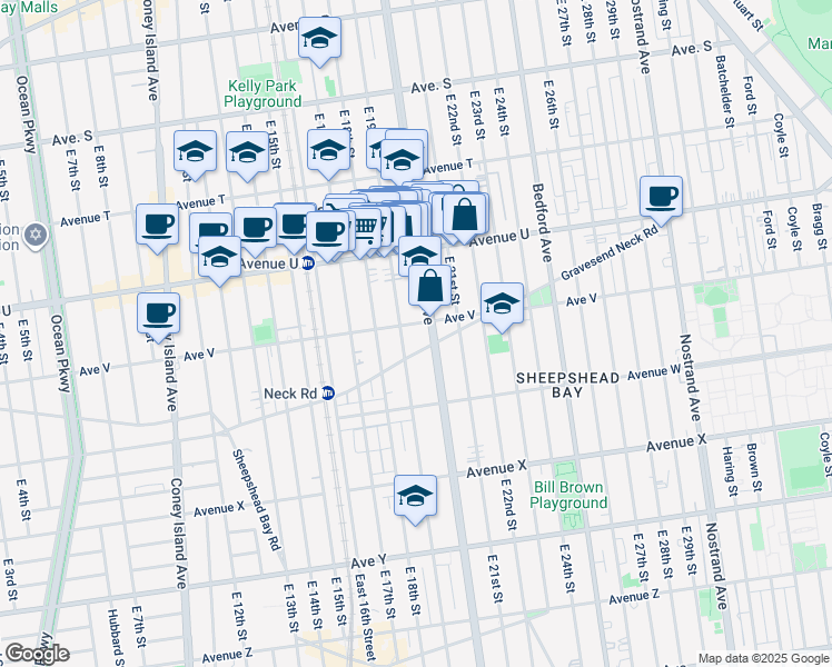 map of restaurants, bars, coffee shops, grocery stores, and more near 2630 Ocean Avenue in Brooklyn