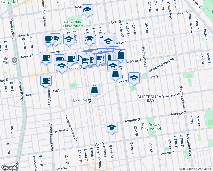 map of restaurants, bars, coffee shops, grocery stores, and more near 2171 East 18th Street in Brooklyn