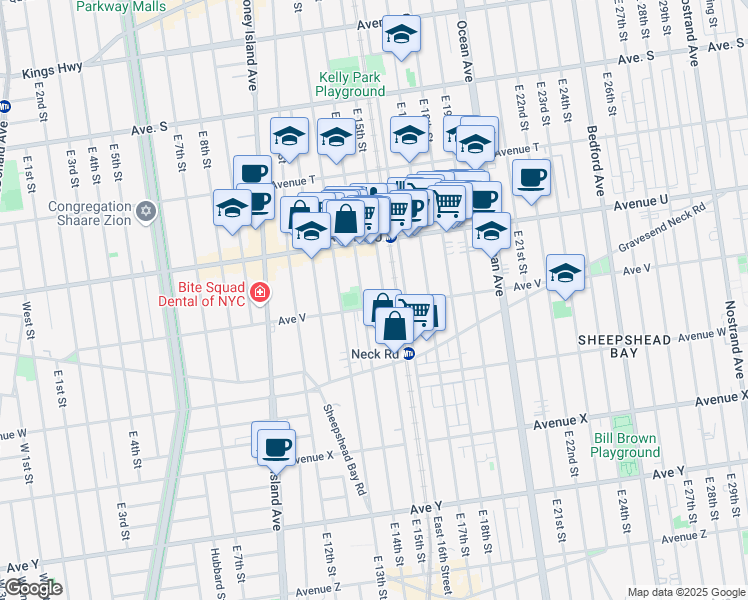 map of restaurants, bars, coffee shops, grocery stores, and more near 2155 East 15th Street in Brooklyn