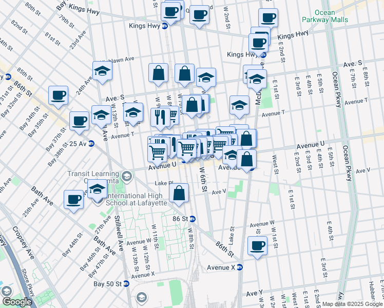 map of restaurants, bars, coffee shops, grocery stores, and more near 2049 West 7th Street in Brooklyn