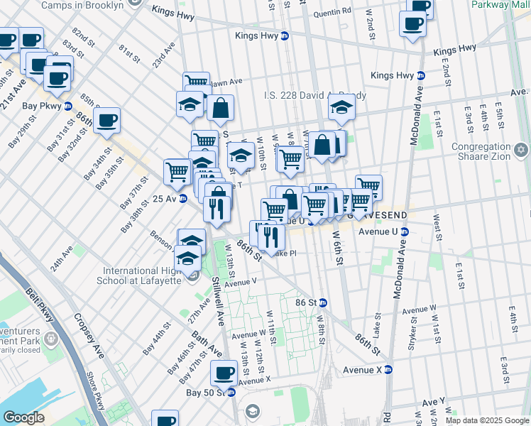 map of restaurants, bars, coffee shops, grocery stores, and more near 2033 West 10th Street in Brooklyn