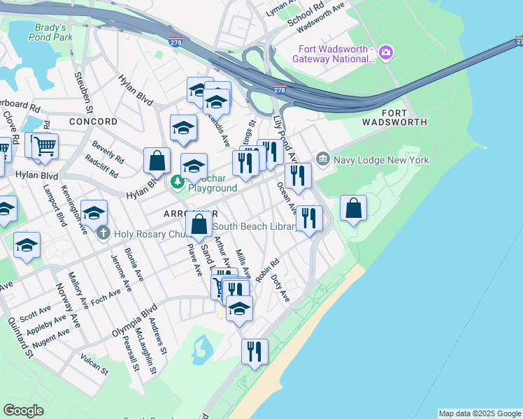 map of restaurants, bars, coffee shops, grocery stores, and more near 27 Railroad Avenue in Staten Island