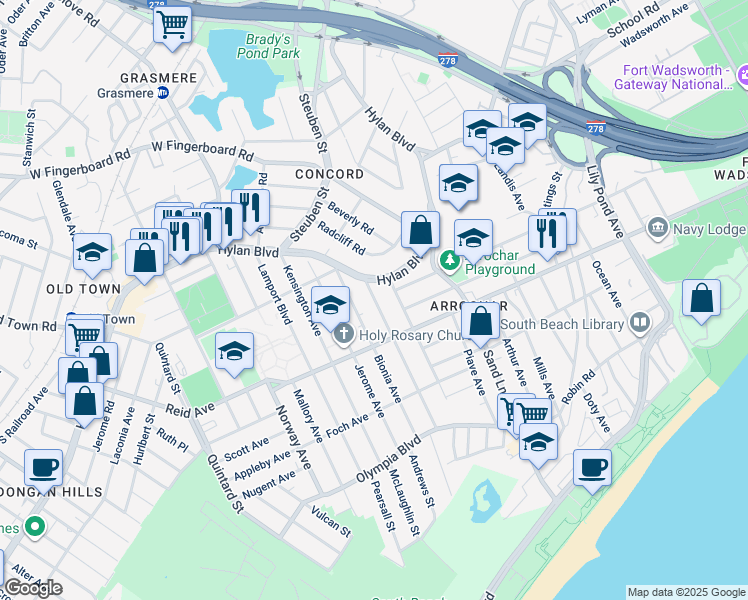 map of restaurants, bars, coffee shops, grocery stores, and more near 7 Hickory Avenue in Staten Island