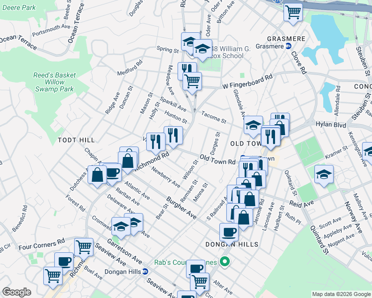 map of restaurants, bars, coffee shops, grocery stores, and more near 1202 Richmond Road in Staten Island