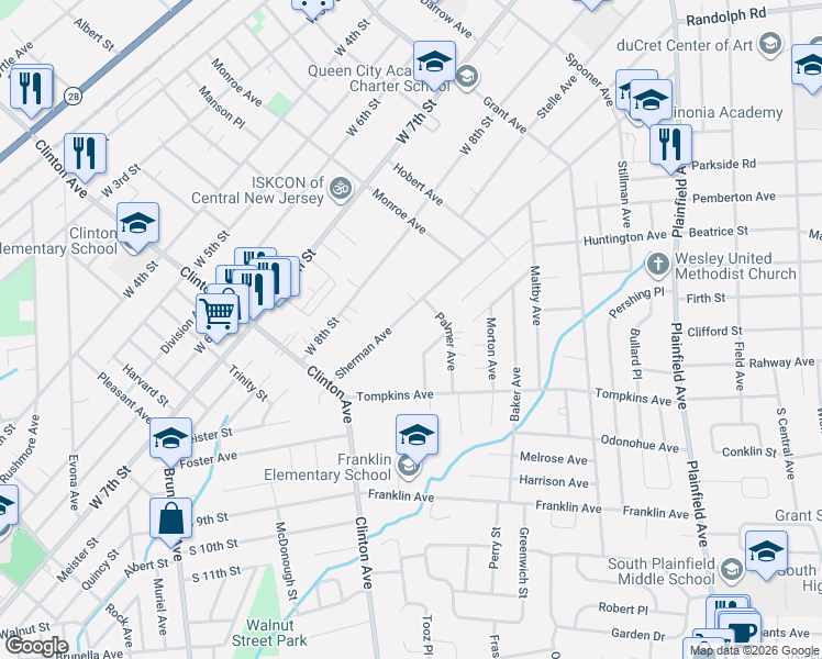 map of restaurants, bars, coffee shops, grocery stores, and more near 1058 Sherman Avenue in South Plainfield