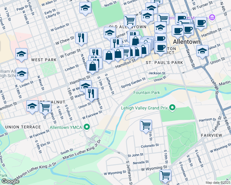 map of restaurants, bars, coffee shops, grocery stores, and more near 1214 Hickory Street in Allentown