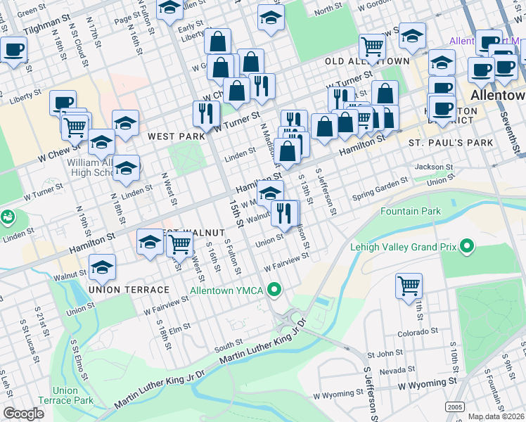 map of restaurants, bars, coffee shops, grocery stores, and more near 26 South 14th Street in Allentown