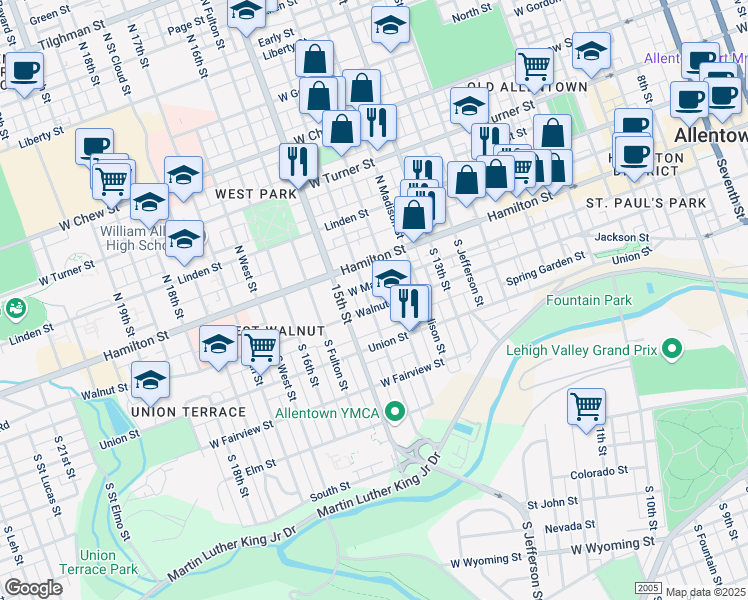 map of restaurants, bars, coffee shops, grocery stores, and more near 26 South 14th Street in Allentown