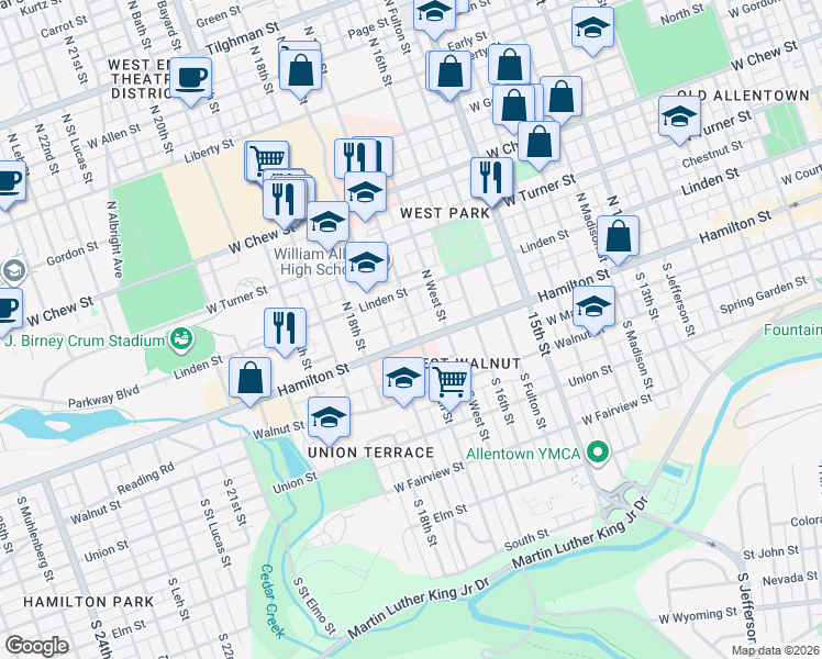 map of restaurants, bars, coffee shops, grocery stores, and more near 24 North West Street in Allentown